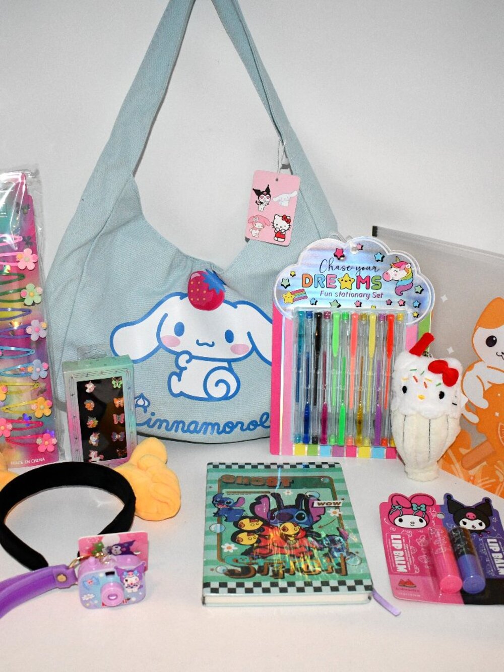 Cinnamoroll Tote Bag Kuromi Camera Keychain Stitch Kids Gift Set Lot NWT (2)